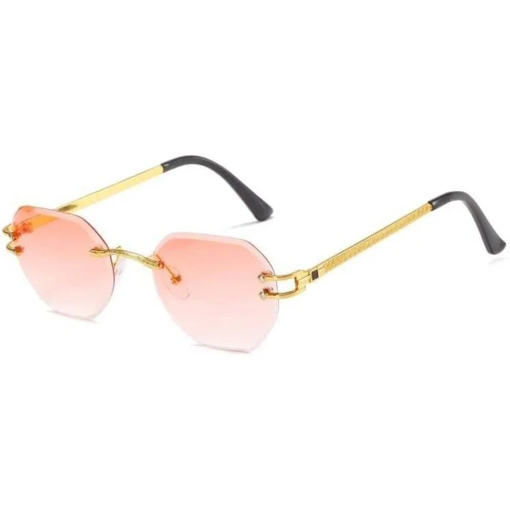 Men Sunglasses Pink Lens Rimless Diamond Cut Gold Frame UV400 Protect Hip Hop